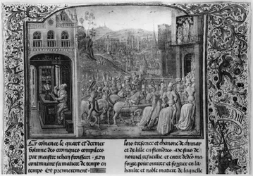 Froissart escribiendo su crónica, Isabel de Baviera (1371-1435) entrando en París en 1389, de la Crónica de Froissart, 1472